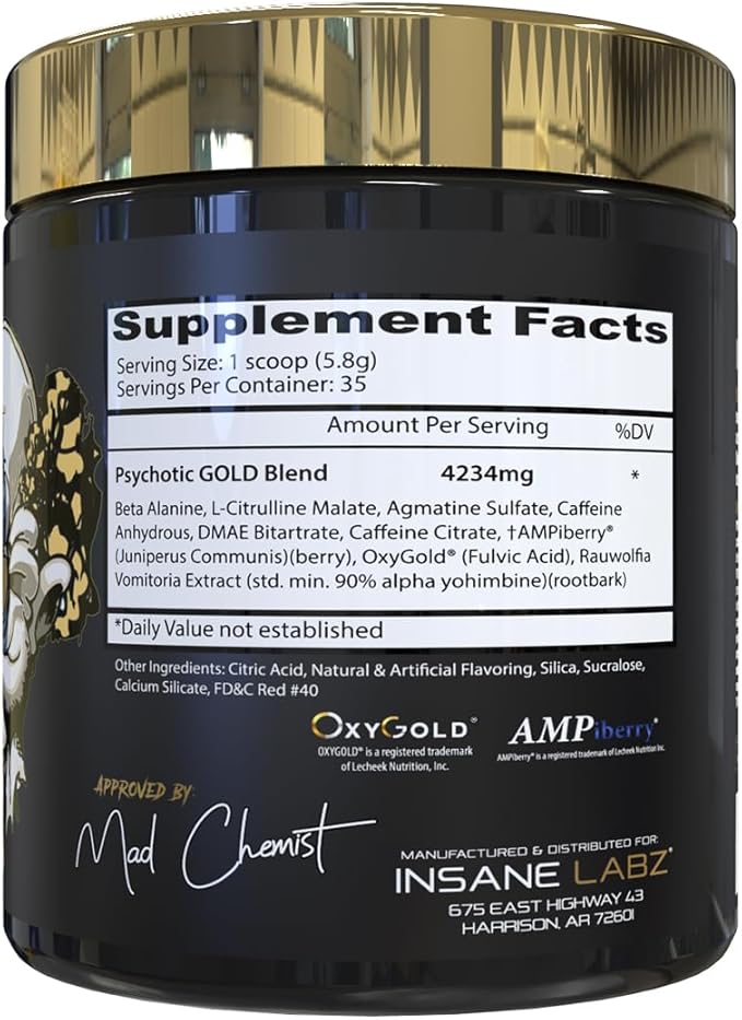 Insane Labz Psychotic Gold, High Stimulant Pre Workout Powder, Extreme Lasting Energy Focus, Pumps