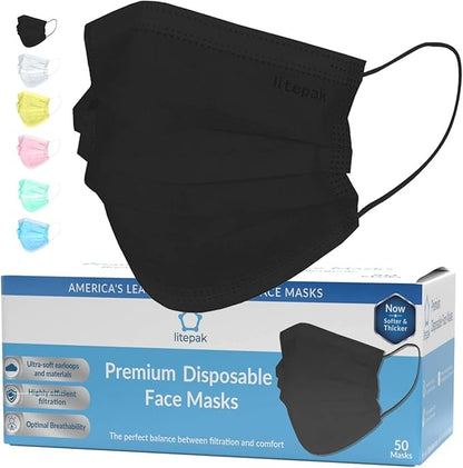 Litepak 2000pcs Disposable Face Masks Black 3-Ply Adult Mask Nose Wire Protection - Breathable