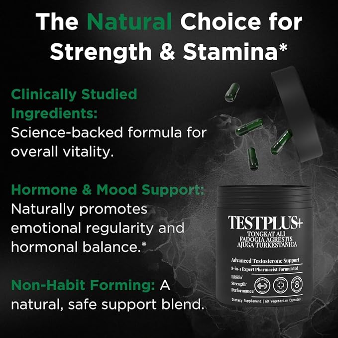 TESTPLUS+ 8-in-1 Testosterone Supplement for Men, 10X Strength Testosterone Booster, Libido Booster