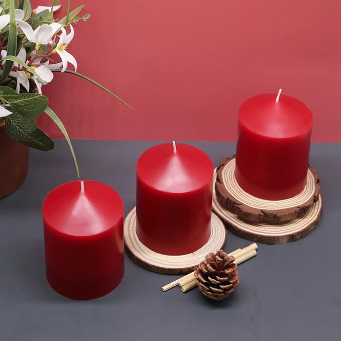 3x4 Inch Red Pillar Candles, 3 Packs Unscented Smokeless Dripless Cylinder Candles for Christmas