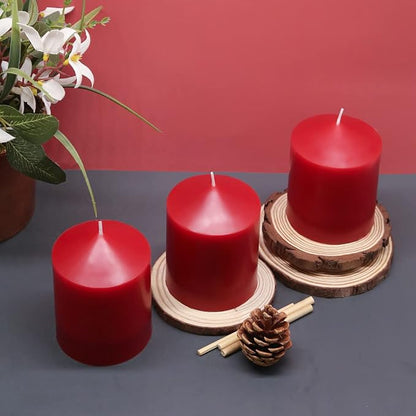 3x4 Inch Red Pillar Candles, 3 Packs Unscented Smokeless Dripless Cylinder Candles for Christmas