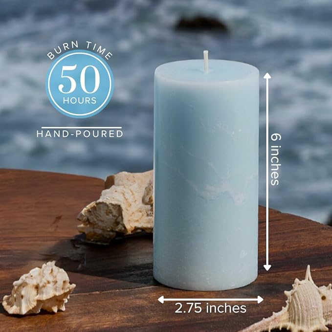 Simply Soson 3x6 inch Light Blue Rustic Sea Salt and Driftwood Pillar Scented Candle - 3 Pack - for