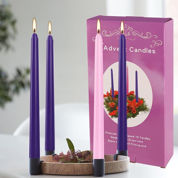 16 Pack Advent Taper Candles Premium Hand Dipped 10in Unscented Christmas Taper Candles - Ideal for
