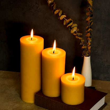 3PCS 3"x 6" Large Beeswax Pillar Candles, Made of Pure Natural Beeswax, with Ultra Long Burning