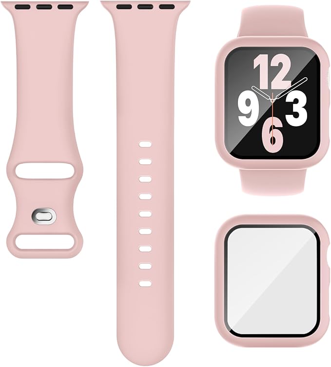 Compatible for Apple Watch Band 44mm 45mm and Case with Screen Protector, Soft Silicone Sport Strap