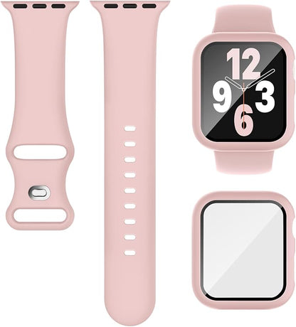 Compatible for Apple Watch Band 44mm 45mm and Case with Screen Protector, Soft Silicone Sport Strap