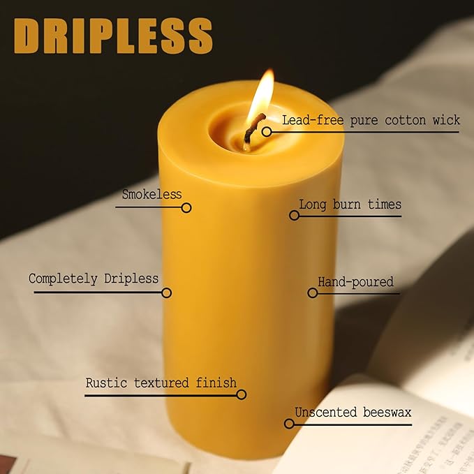 Natural Beeswax Candles Pillar, 2 Packs, 70 Hours Burn Time, 100% Pure Beeswax Candles for Home