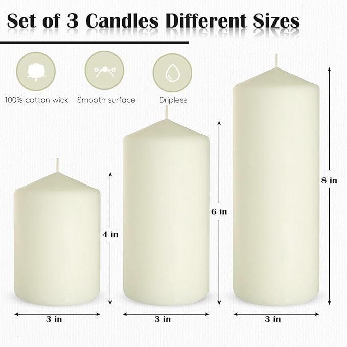 Dripless 3x4 3x6 3x8 Inch Ivory Pillar Candles, 3 Packs Unscented Long Lasting Large Different