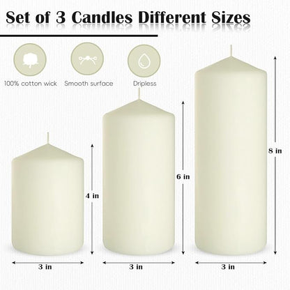 Dripless 3x4 3x6 3x8 Inch Ivory Pillar Candles, 3 Packs Unscented Long Lasting Large Different
