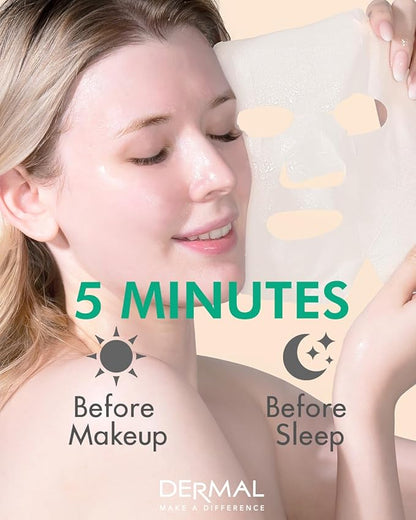 DERMAL Green Tea Collagen Essence Facial Mask Sheet 23g Pack of 10 - Hydrating and Soothing for