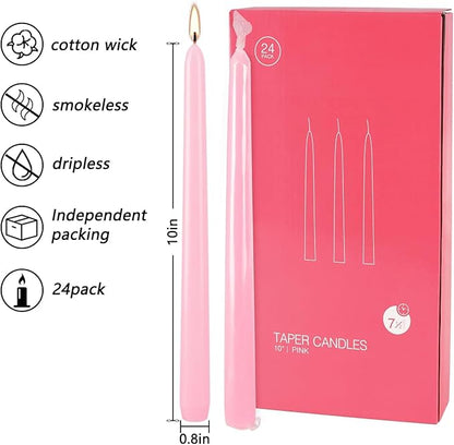 24 Pack Pink Taper Candles, 7-8 Hours Burn Time, Unscented, Smokeless and Dripless, 0.75 x 10 Inch