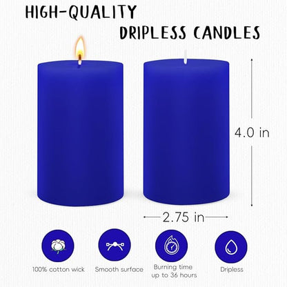 6 Packs 2.75x4 Inch Blue Colored Pillar Candles, Unscented Dripless Cylinder Wax Candles for Home