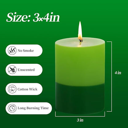 KONNI Green Layered Pillar Candles Set of 3, 3"x 4" Unscented Pillar Candles Bulk, 39 Hours Long