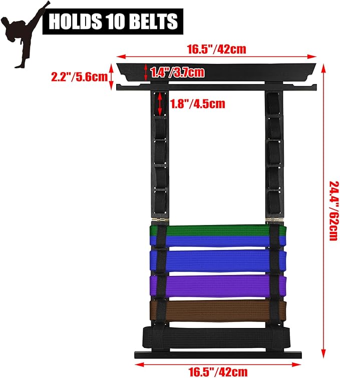 JUXYES Wall Hanging Martial Arts Belts Organizer for 10 Belts with Medal Hanger and Stickers