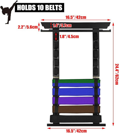 JUXYES Wall Hanging Martial Arts Belts Organizer for 10 Belts with Medal Hanger and Stickers