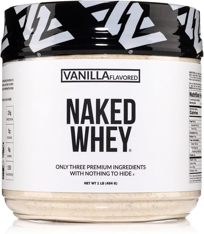NAKED Vanilla Whey Protein 1Lb, Only 3 Ingredients, All Natural Grass Fed Whey Protein Powder +