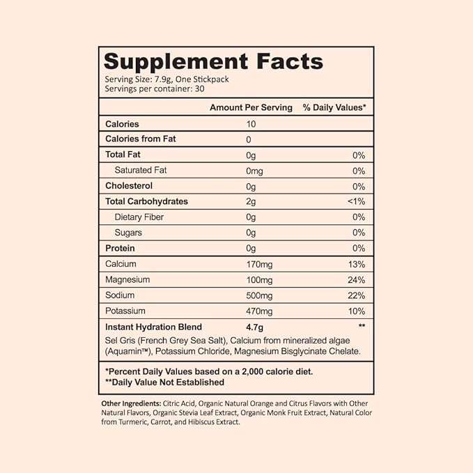 Instant Hydration Electrolytes Powder Packets - Citrus Orange Drink Mix - Zero Sugar - Keto, Vegan