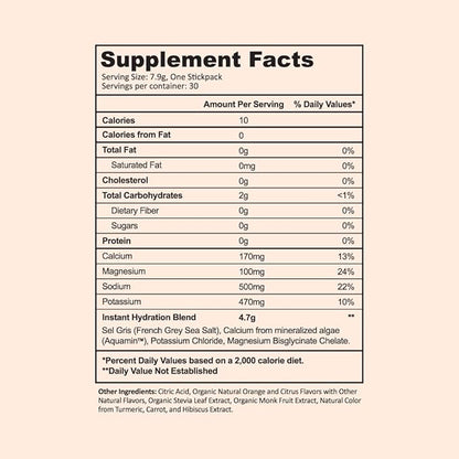 Instant Hydration Electrolytes Powder Packets - Citrus Orange Drink Mix - Zero Sugar - Keto, Vegan