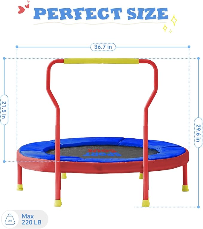 SPORTSOUL Mini Trampoline for Kids 3-6 with Super Safe Foam Handle Bar, 3ft Toddler Trampoline