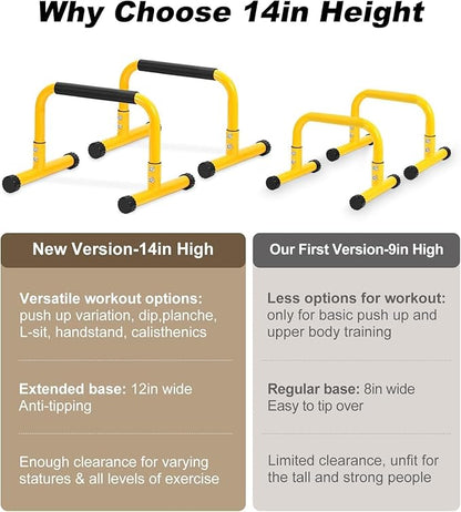 TABEKE Push Up Bar, 14'' High Steel Parallettes & Dip Bar with Full Coverage Foam Handle