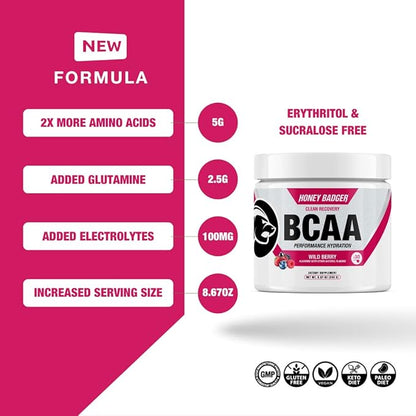 Honey Badger BCAA + EAA Amino Acids Powder, BCAAs + L-Glutamine, Keto, Vegan, Sugar Free for Men &