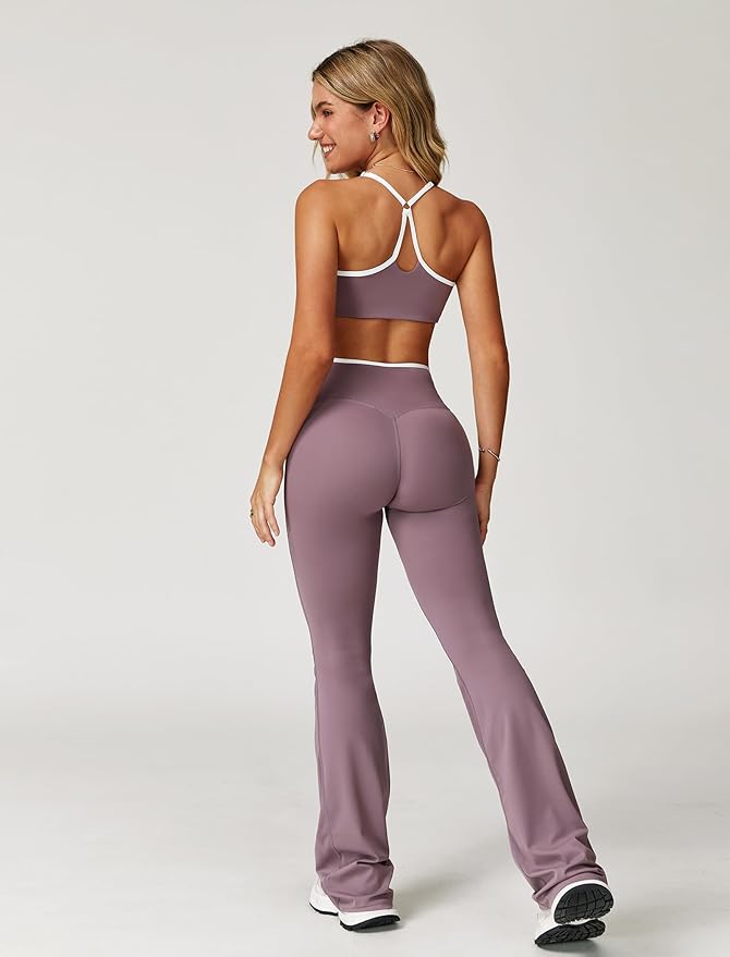 ABOCIW Workout Sets for Women 2 Piece Color Block Strappy Sports Bra High Waist Leggings Gym Yoga