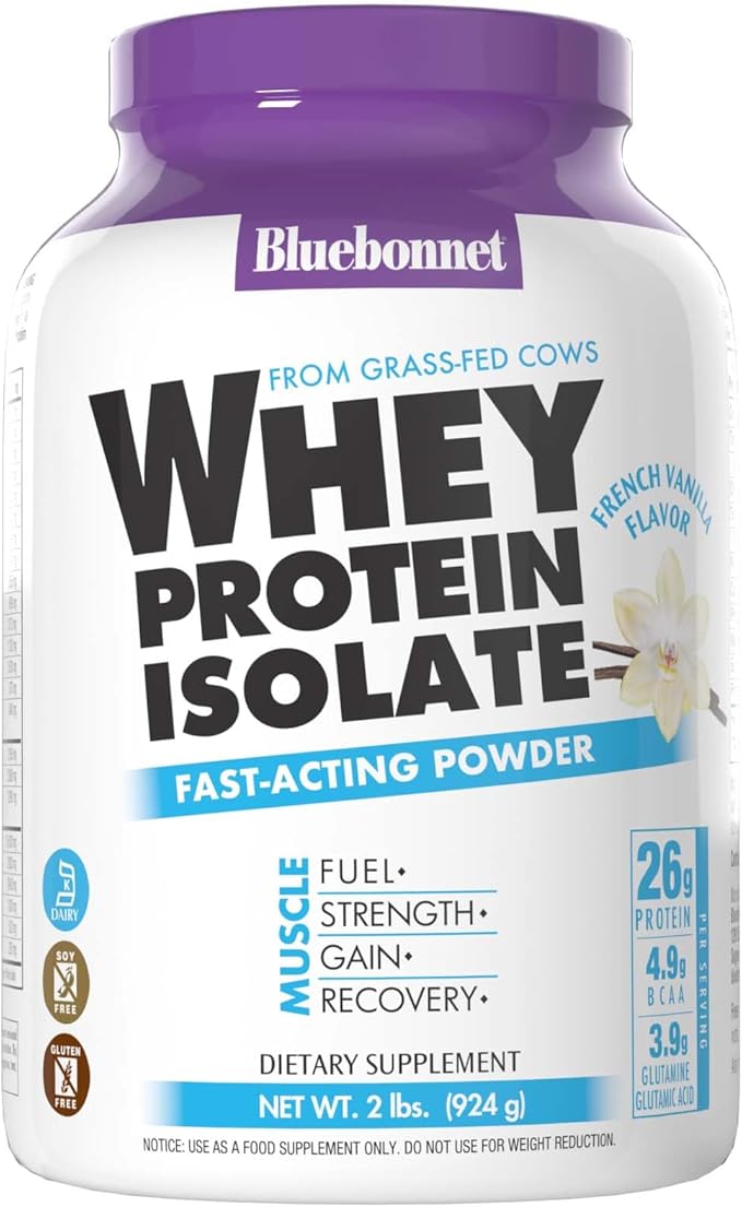 BlueBonnet Nutrition Whey Protein Isolate Powder From Grass Fed Cows, 26g of Protein, No Sugar