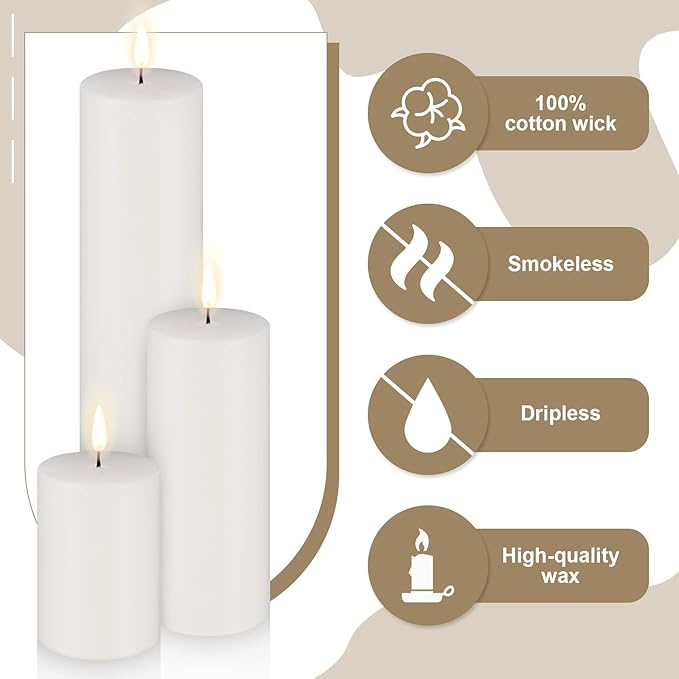 Amyhill Set of 30 White Unscented Pillar Candles 2 x 3, 2 x 5, 2 x 8 Inch Large Tall Pillar Candles