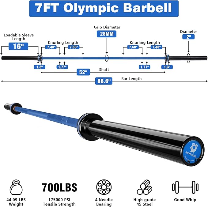 7ft Olympic Barbell, Weightlifting Barbell 28mm 45lb - 500/700/1000lbs Capacity with Smooth