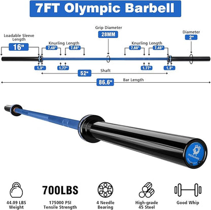 7ft Olympic Barbell, Weightlifting Barbell 28mm 45lb - 500/700/1000lbs Capacity with Smooth