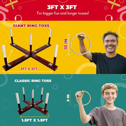 SWOOC Games - Rustic Ring Toss Game (All Weather) - Easy Setup & Extra Games Included - Ring Toss
