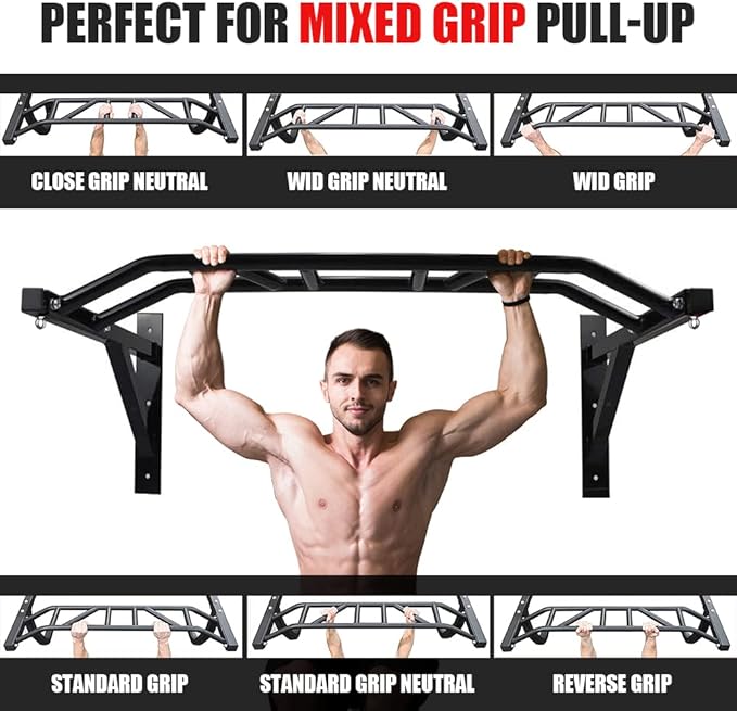 ptlsy Wall Mounted Pull Up Bar Multifunctional with Multi-grip Chin Up Bar Heavy Duty Dip Station