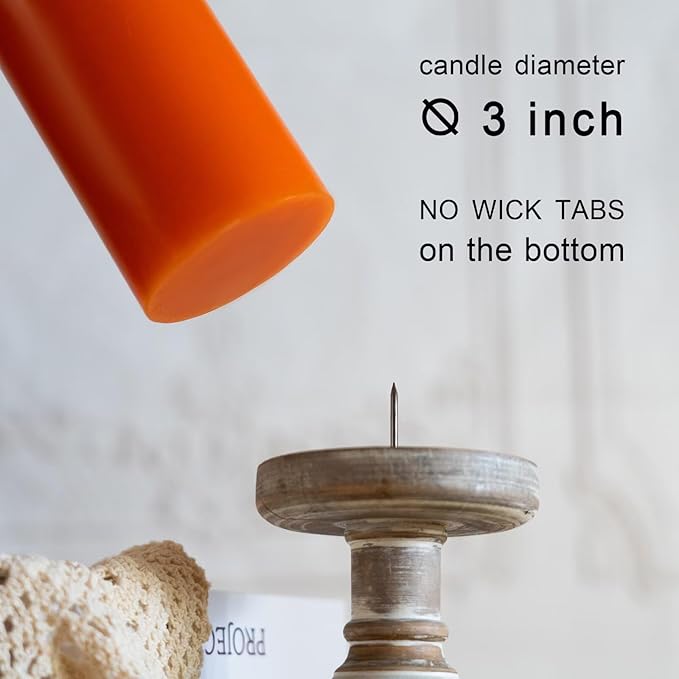 MOZEAL 3" x 8" Hand-Poured Unscented Candles,Large Orange Pillar Candles Set of 2,No Drip,Approx