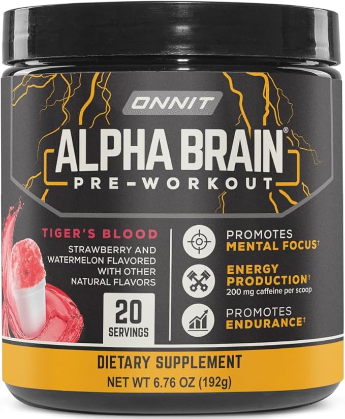 ONNIT Alpha Brain Pre-Workout Powder, Tiger's Blood Flavor, Pre-Workout Supplement for Women and