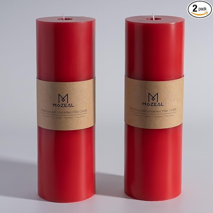MOZEAL 4" x 12" Extra-Large Red Pillar Candles (Set of 2), Unscented,Dripless, Smokeless,Long