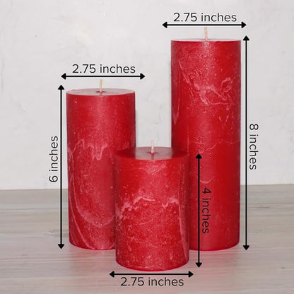 Simply Soson 3x4, 3x6, 3x8 inch Red Pillar Candles, Set of 3 Pillar Candles, Rustic Texture