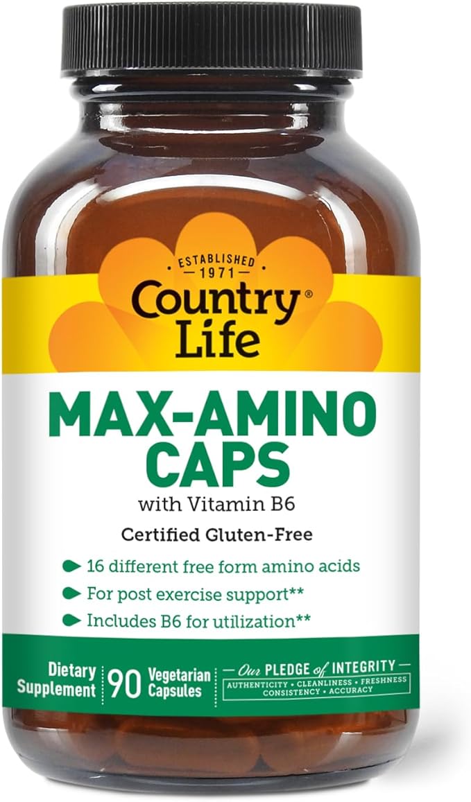 Country Life Maxi-Amino with 16 Free Form Amino Acids, 90 Vegetarian Capsules, Certified Gluten
