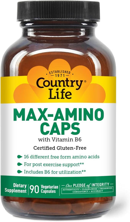 Country Life Maxi-Amino with 16 Free Form Amino Acids, 90 Vegetarian Capsules, Certified Gluten