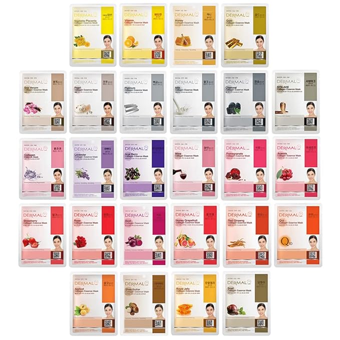 DERMAL Korea Collagen Essence Full Face Facial Mask Sheet 26 Yellow & Red Combo Pack - Skin