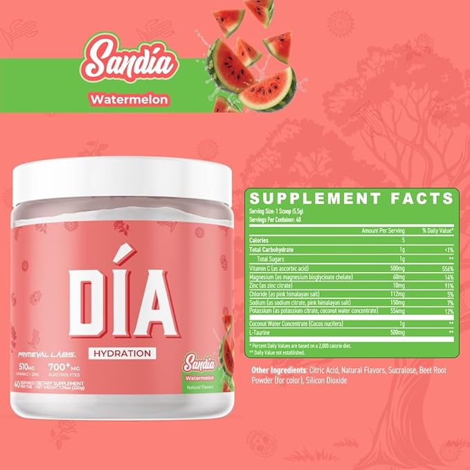 Primeval Labs Dia Hydration Electrolyte Powder | Vitamin C + Zinc, Taurine & Electrolytes | Low