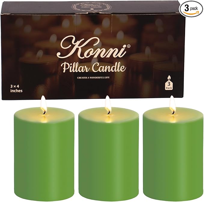 KONNI Green Pillar Candles Set of 3, 3"x 4" Unscented Pillar Candles Bulk, 39 Hours Long Burning