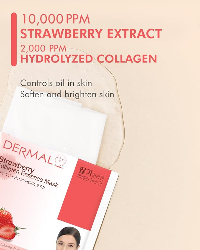 DERMAL Strawberry Collagen Essence Facial Mask Sheet 23g Pack of 10 - Pore Tightening & Sebum