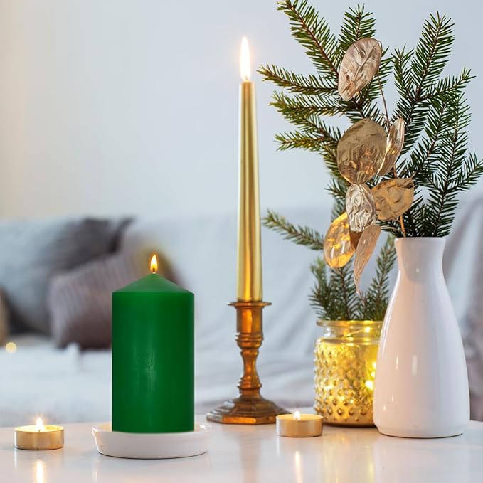 Set of 3 Different Size Green Pillar Candles, Unscented Dripless Large 3x4 3x6 3x8 Inch Long