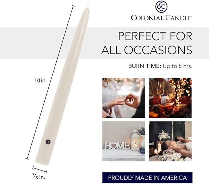 Colonial Candle Unscented Taper Candle, Handipt Collection, Ivory, 10 In, Pack of 12 - Up to 8