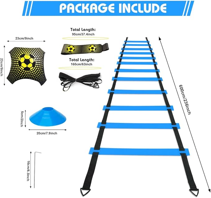 Soccer Speed Agility Training Set - 20FT Agility Ladder 12/16 Sports Cones and Soccer Kick Trainer