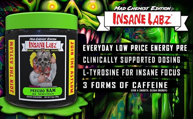 Insane Labz Psycho Sam, High Stimulant Pre Workout Powder, 30 Srvgs (30 Servings (Pack of 1), Fruit