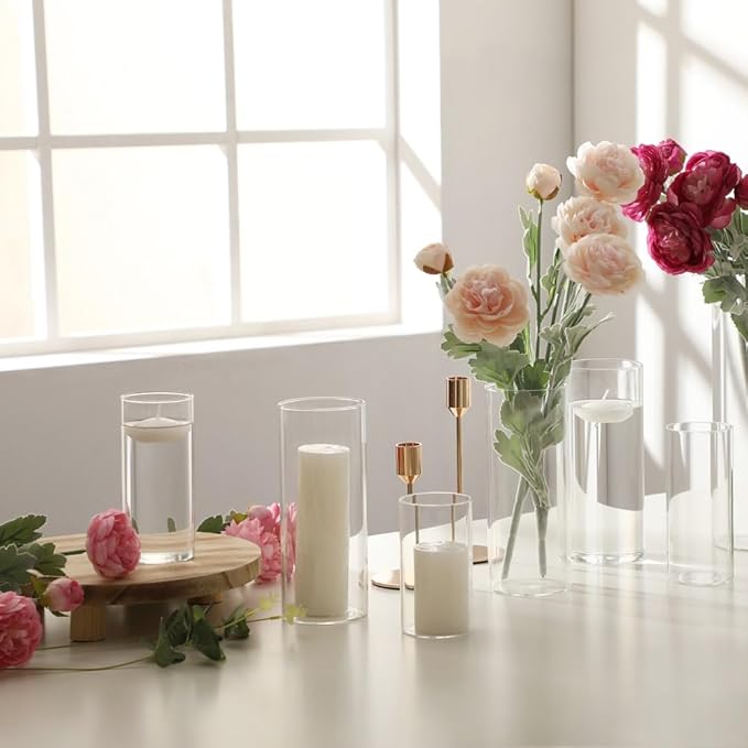 24 Pcs White Pillar Candles and Glass Candle Holders, Clear Cylinder Vases Pillar Candle Holders