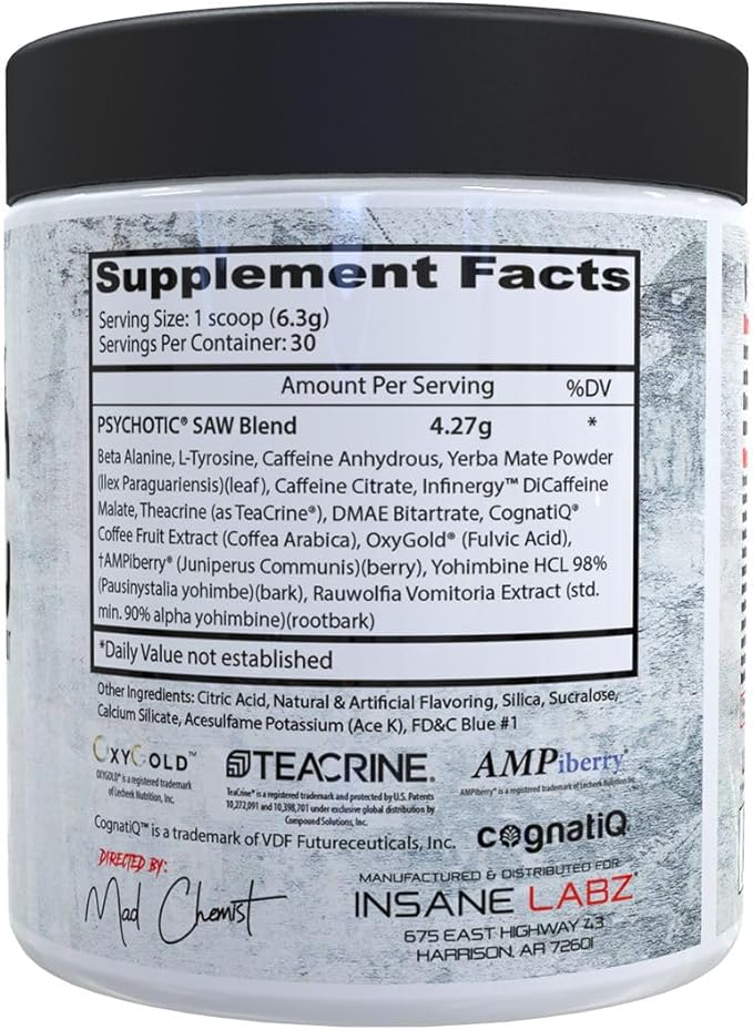 Insane Labz Psychotic SAW, High Stim Pre Workout Powder with OxyGold­??and AMPiberry®,Extreme