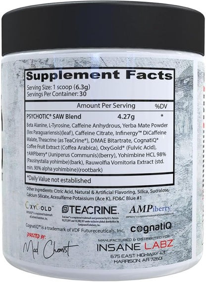 Insane Labz Psychotic SAW, High Stim Pre Workout Powder with OxyGold­??and AMPiberry®,Extreme