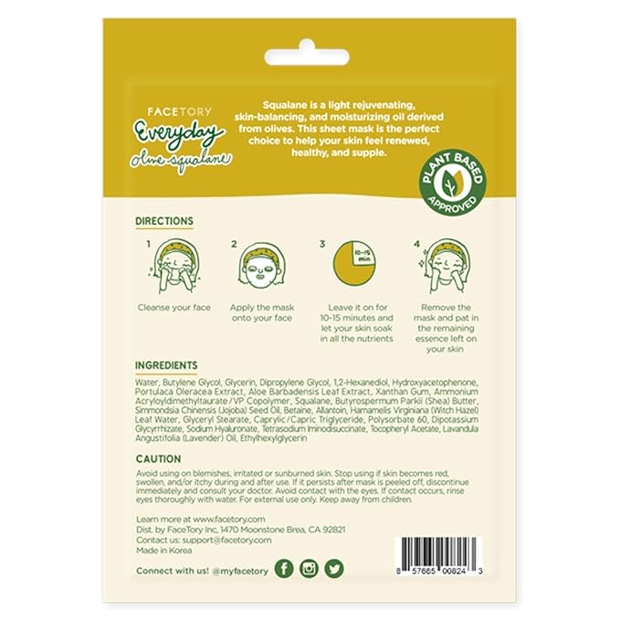 FACETORY K Beauty Face Mask Skin Care - Everyday OLIVE Skin Balancing Sheet Mask | Plant-Based with
